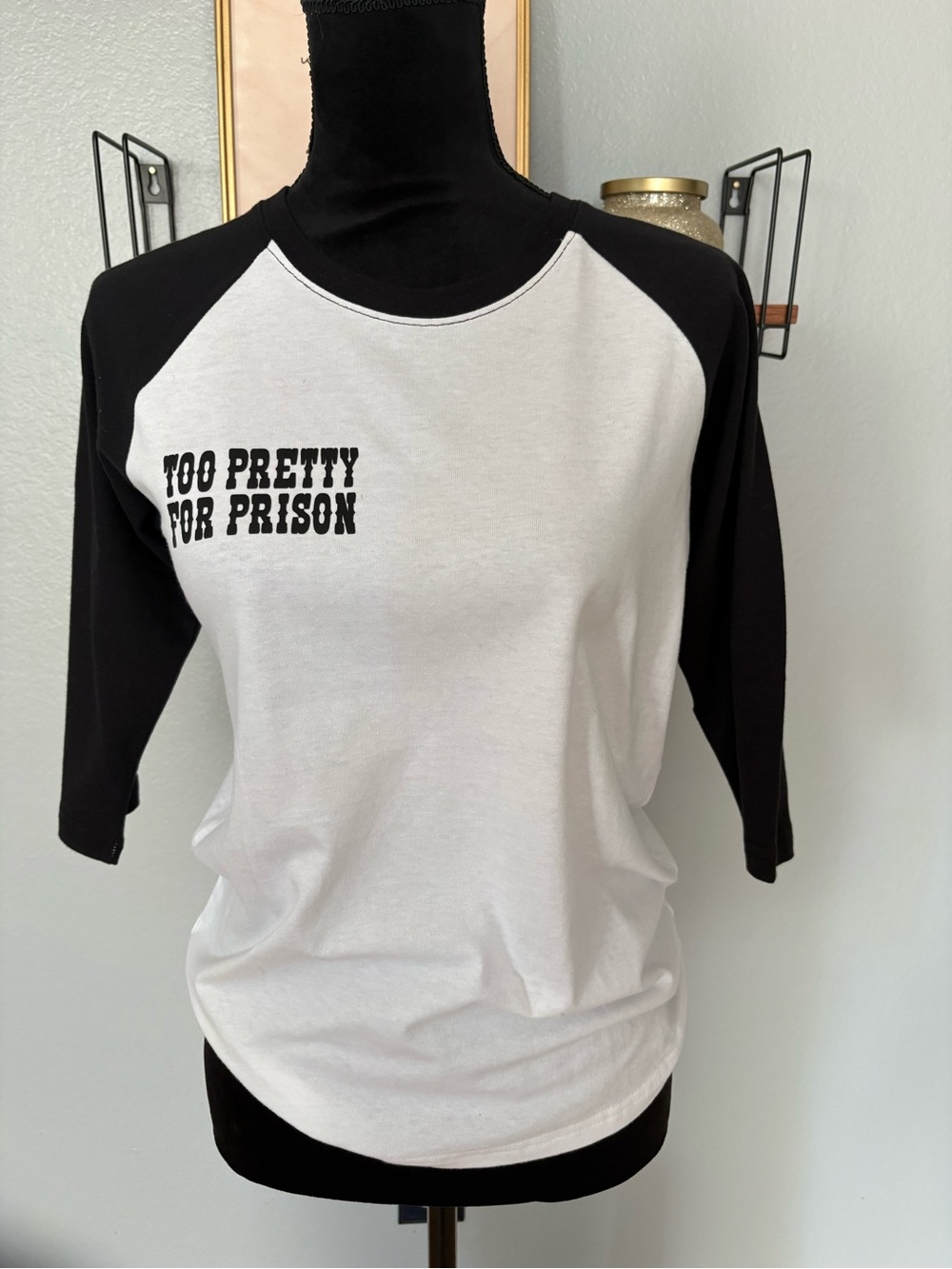 Women's Raglan Graphic Tee - Black/White 'Too Pretty For Prison'